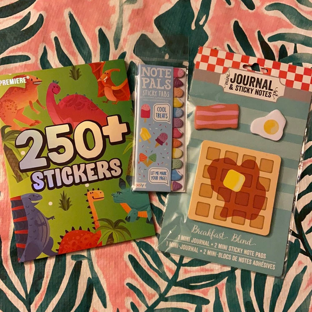 Set of 3: 250+ Dinosaur Stickers, Breakfast Journal Set & Ice Cream Sticky Tabs